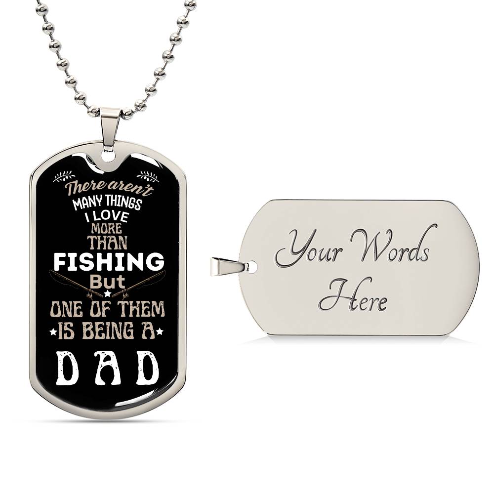 This image features a stylish military style necklace with a dog tag that bears the heartwarming inscription, "Love Being Dad." Resting on a black surface, the necklace blends practicality with sentiment, making it an ideal gift for fathers who take pride in their parenting journey. The durable design and heartfelt message make it a cherished accessory that fathers can carry with them, constantly reminding them of the joy and fulfillment that comes with being a dad.