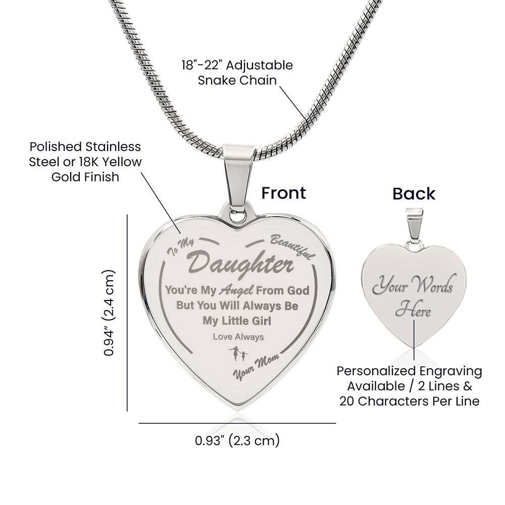 To My Daughter | My Angel | Engraved Heart Necklace