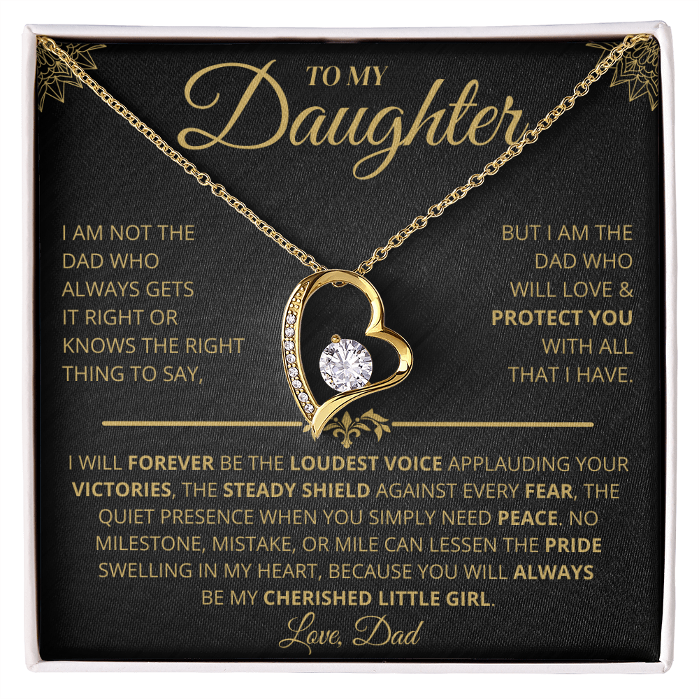 A necklace with a heart-shaped pendant containing a CZ crystal, given as a gift from dad to daughter, presented on a message card.