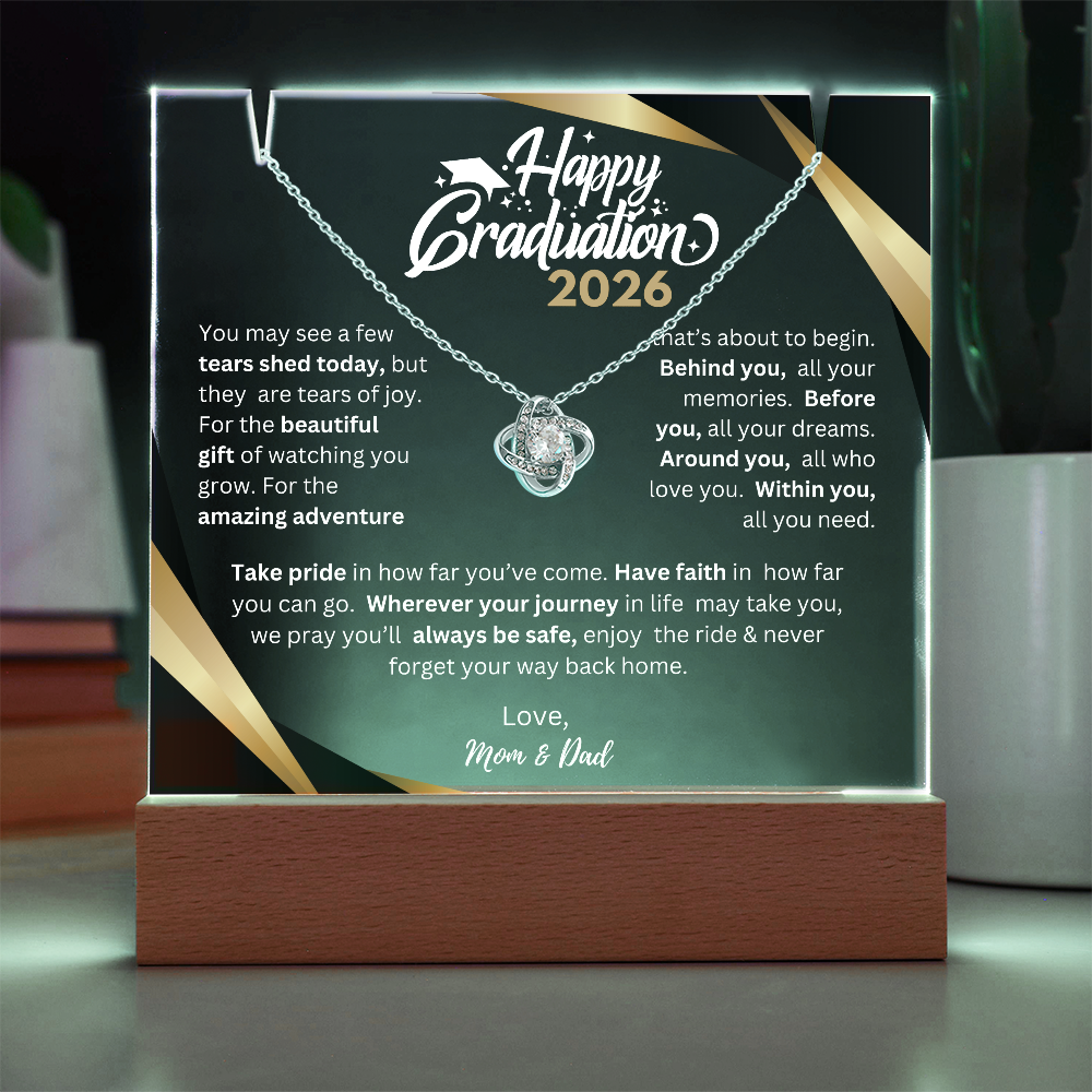 Happy Graduation 2026 | Before You All You Need | Love Knot Necklace Plaque (WHT TXT)