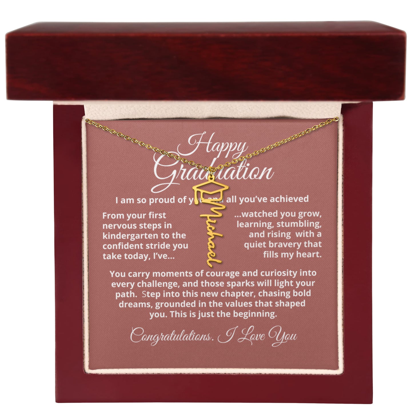 Custom Graduation Cap Name Necklace featuring a signature script nameplate and tiny graduation cap accent; choose polished stainless steel or 18K yellow gold finish; hangs on an adjustable 18–20" cable chain — a meaningful keepsake gift.