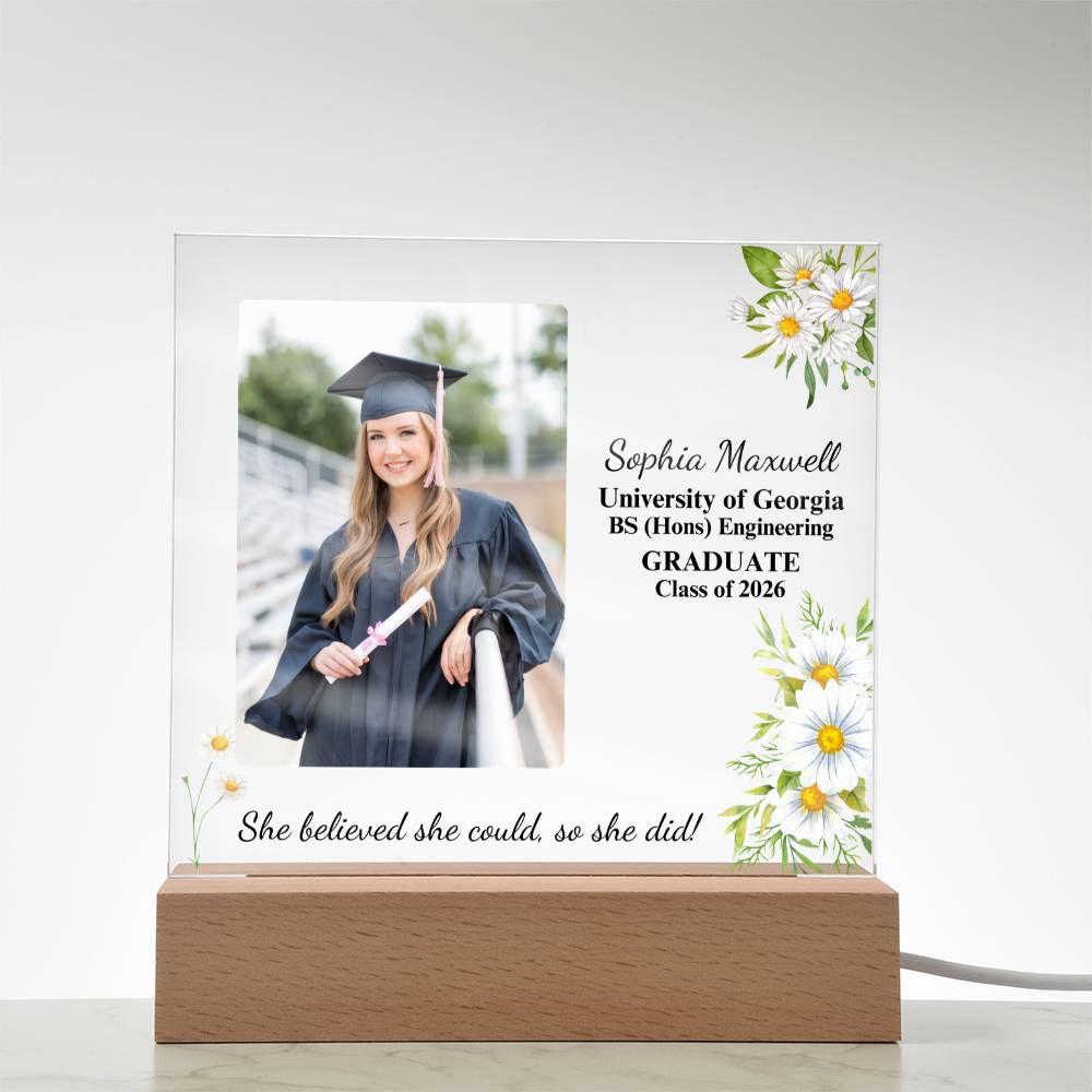 Graduation-themed lamp with photo of a graduate and text on a white background