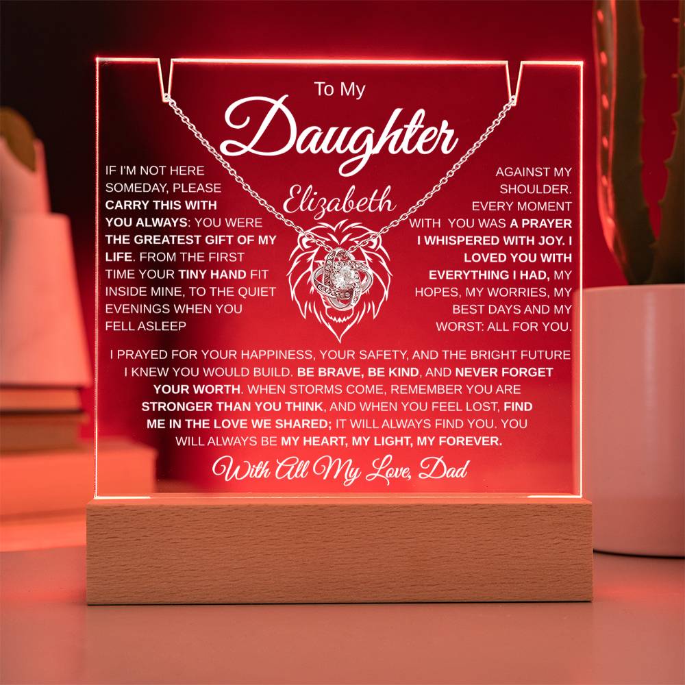 Personalized daughter acrylic plaque with love knot necklace gift set from dad red LED glow