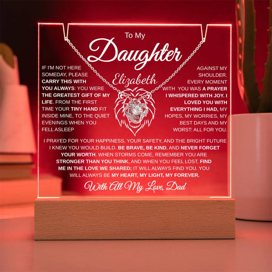 Personalized daughter acrylic plaque with love knot necklace gift set from dad red LED glow