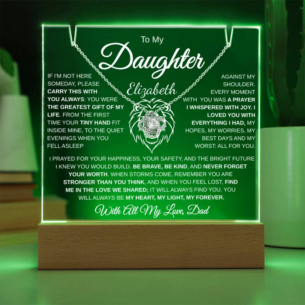 Daughter personalized acrylic plaque and love knot necklace bundle gift set wooden LED base