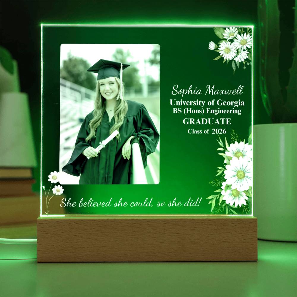 Graduation-themed photo frame with a picture of a graduate, text, and flowers on a green background.