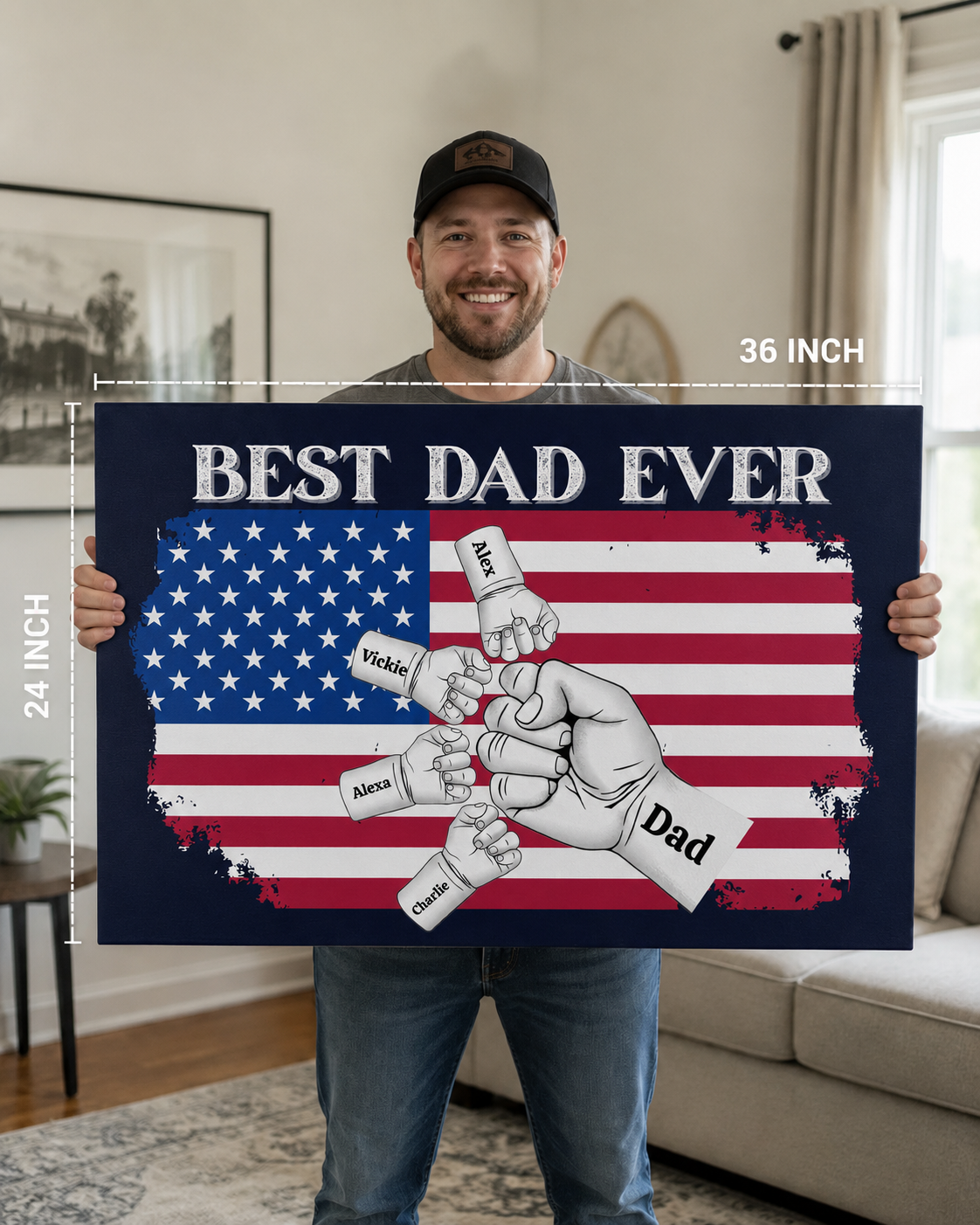 Man holding a 'Best Dad Ever' sign with American flag design in a living room.