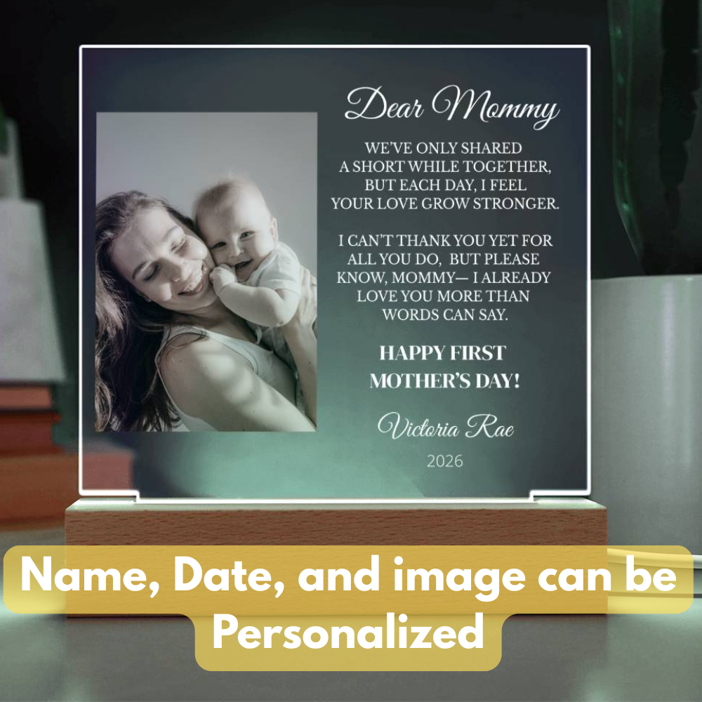 Personalized Mother's Day gift with photo of a woman holding a baby and engraved text.