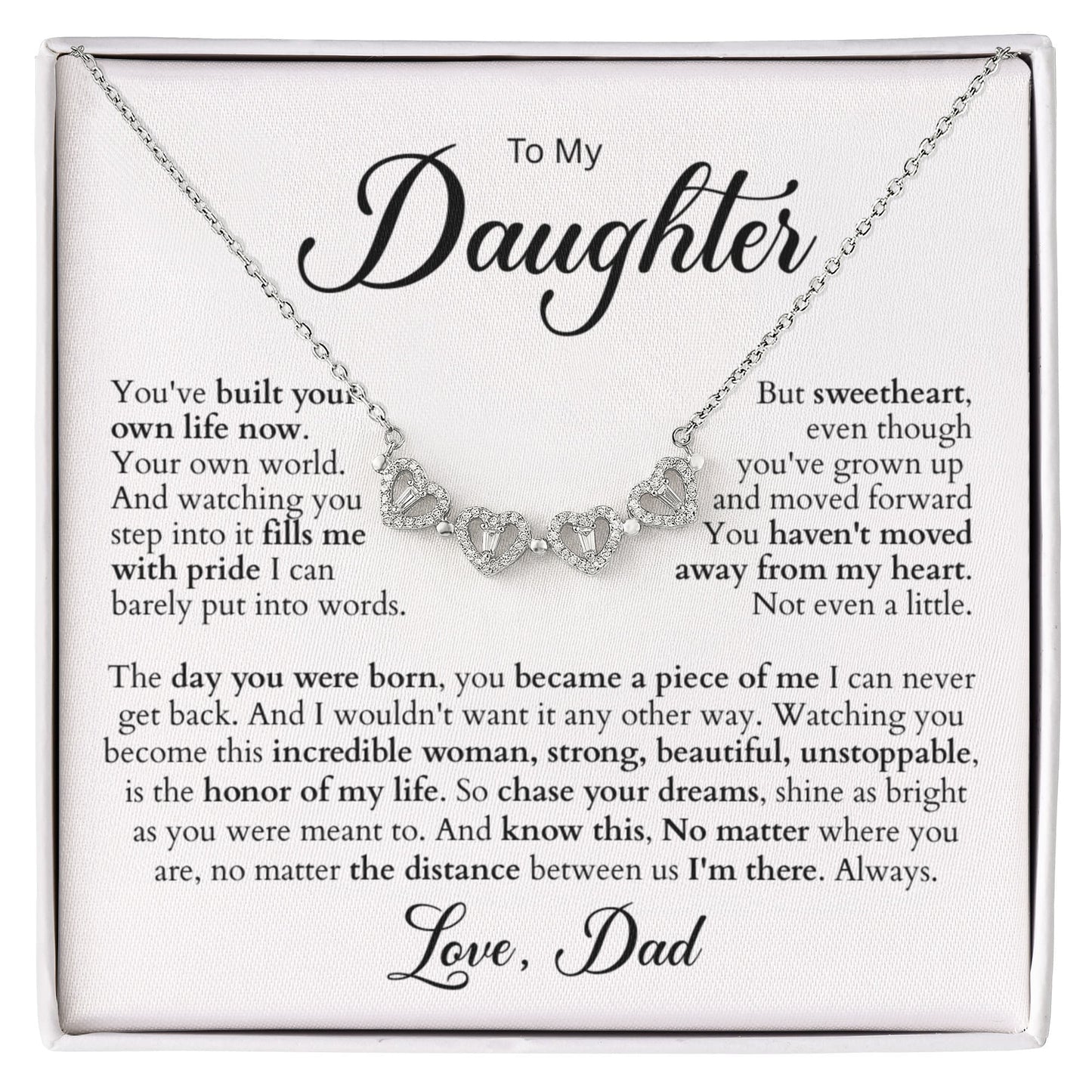 Magnetic Hearts Necklace — dad-to-daughter keepsake: four crystal hearts form a lucky-clover pendant, white-gold over brass, adjustable chain, gift-ready box.