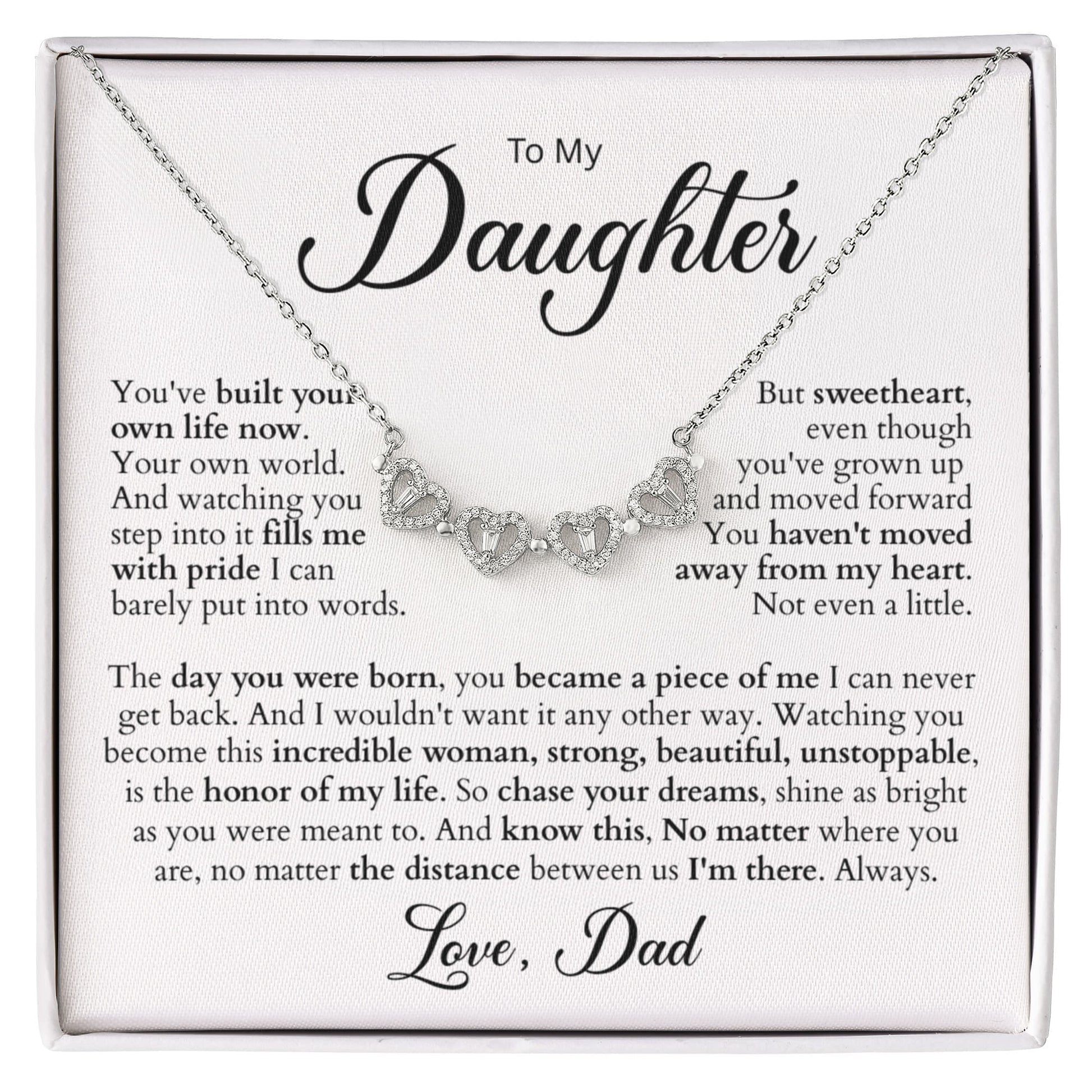 Magnetic Hearts Necklace — dad-to-daughter keepsake: four crystal hearts form a lucky-clover pendant, white-gold over brass, adjustable chain, gift-ready box.