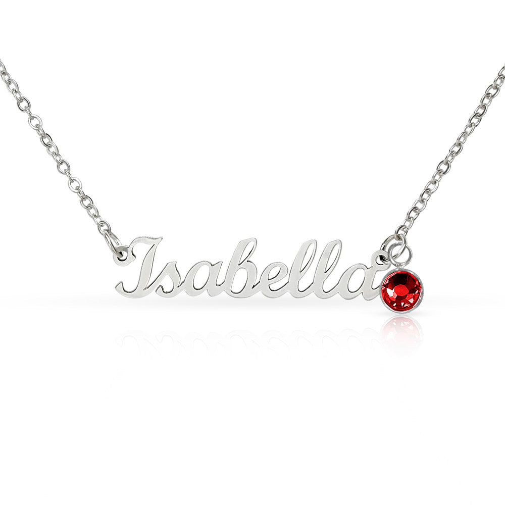 Personalized daughter necklace with name Isabella and red birthstone charm