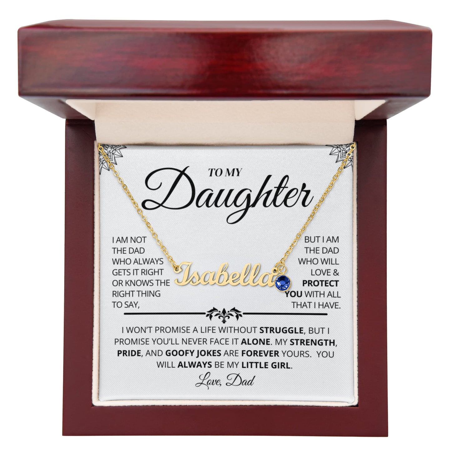 Name necklace with birthstone pendant close up in luxury gift box