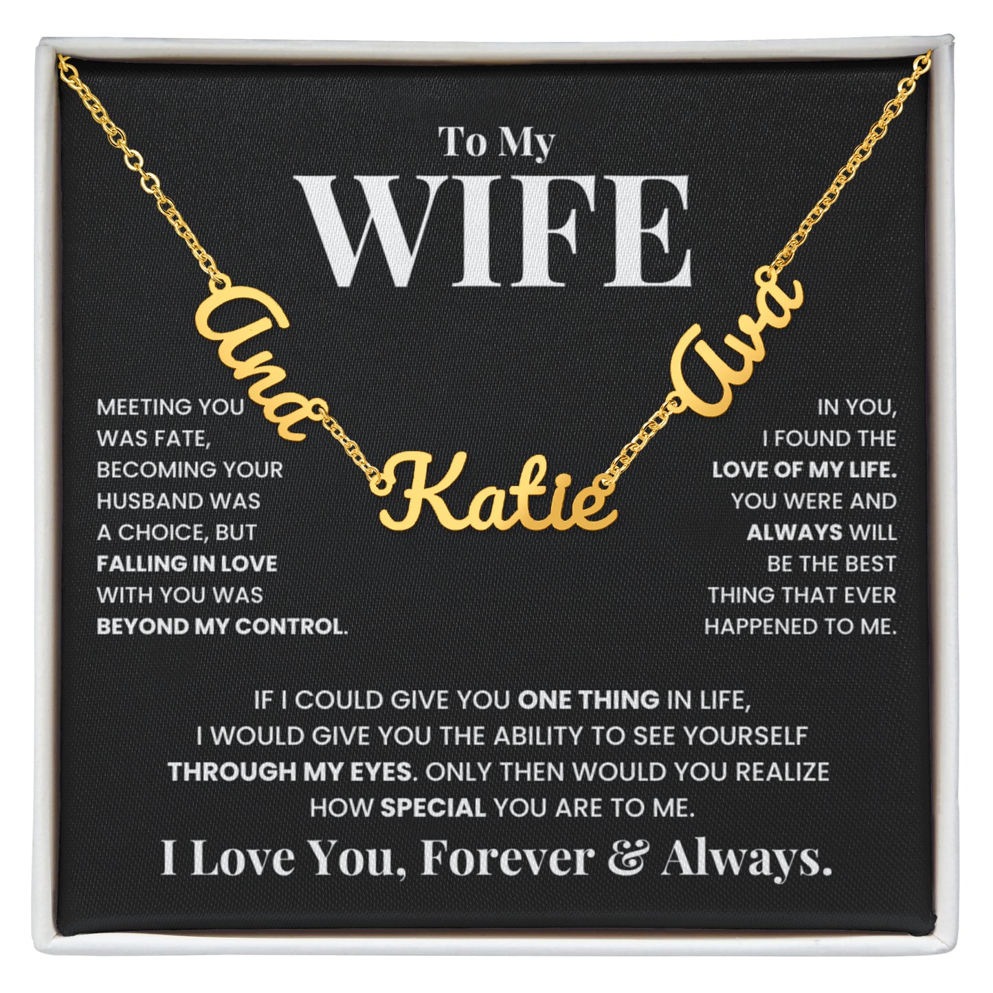 To My Wife message card necklace with custom names