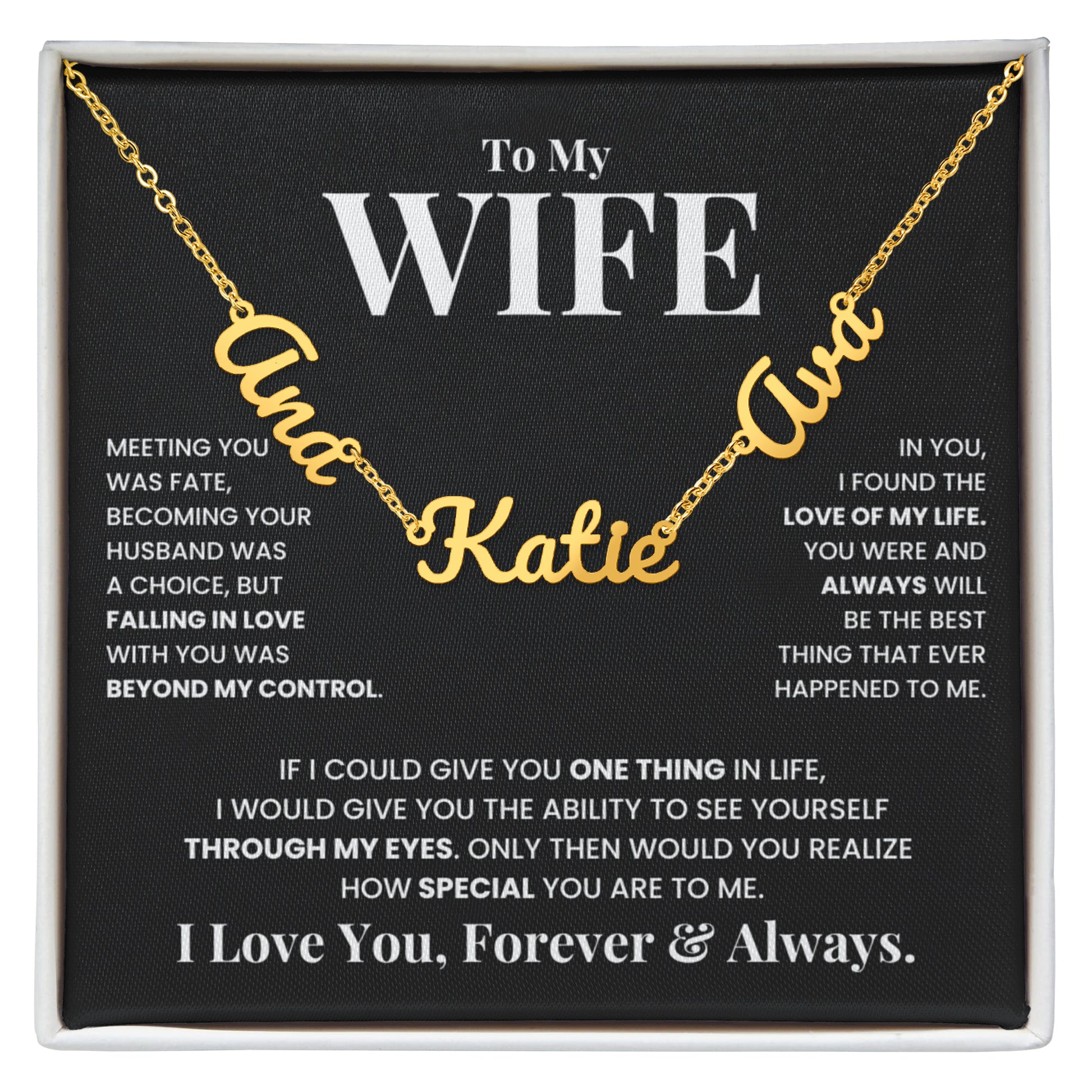 To My Wife message card necklace with custom names