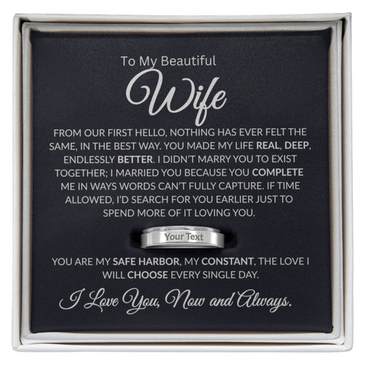 Custom stainless steel engraved ring with personalized message on band