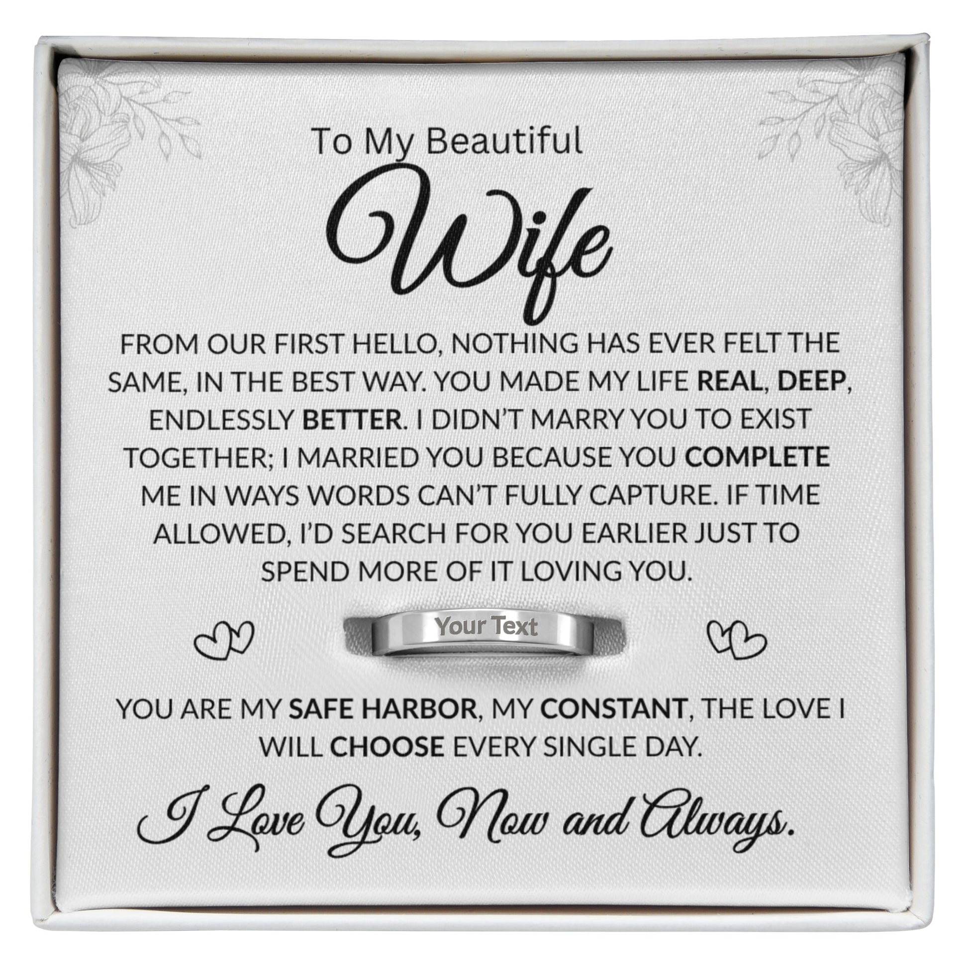 Custom engraved ring with personalized message on band