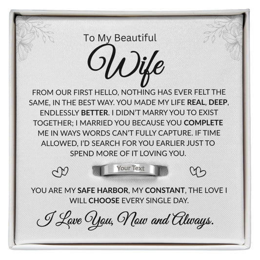 Custom engraved ring with personalized message on band