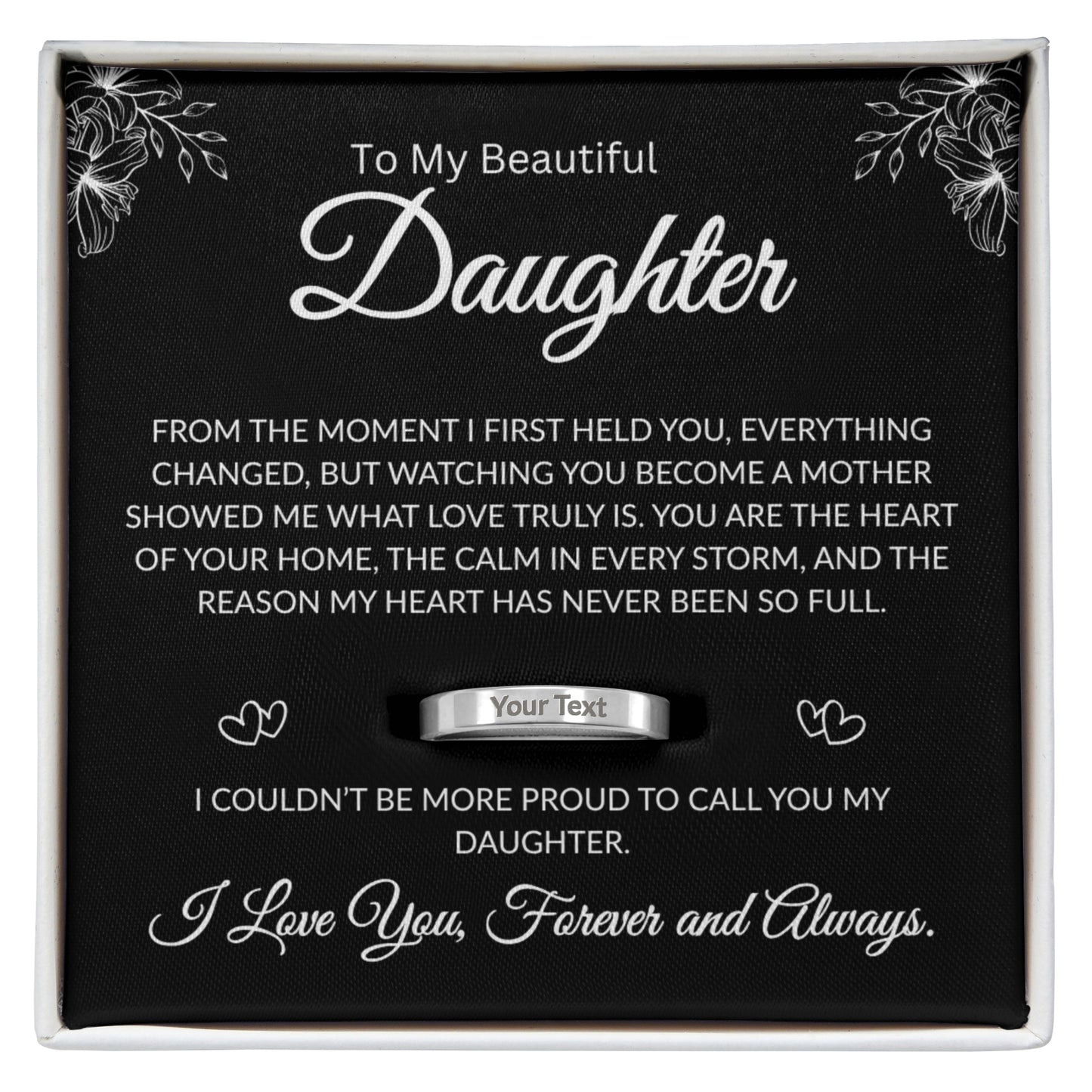 Daughter who is a mom engraved ring gift with black message card
