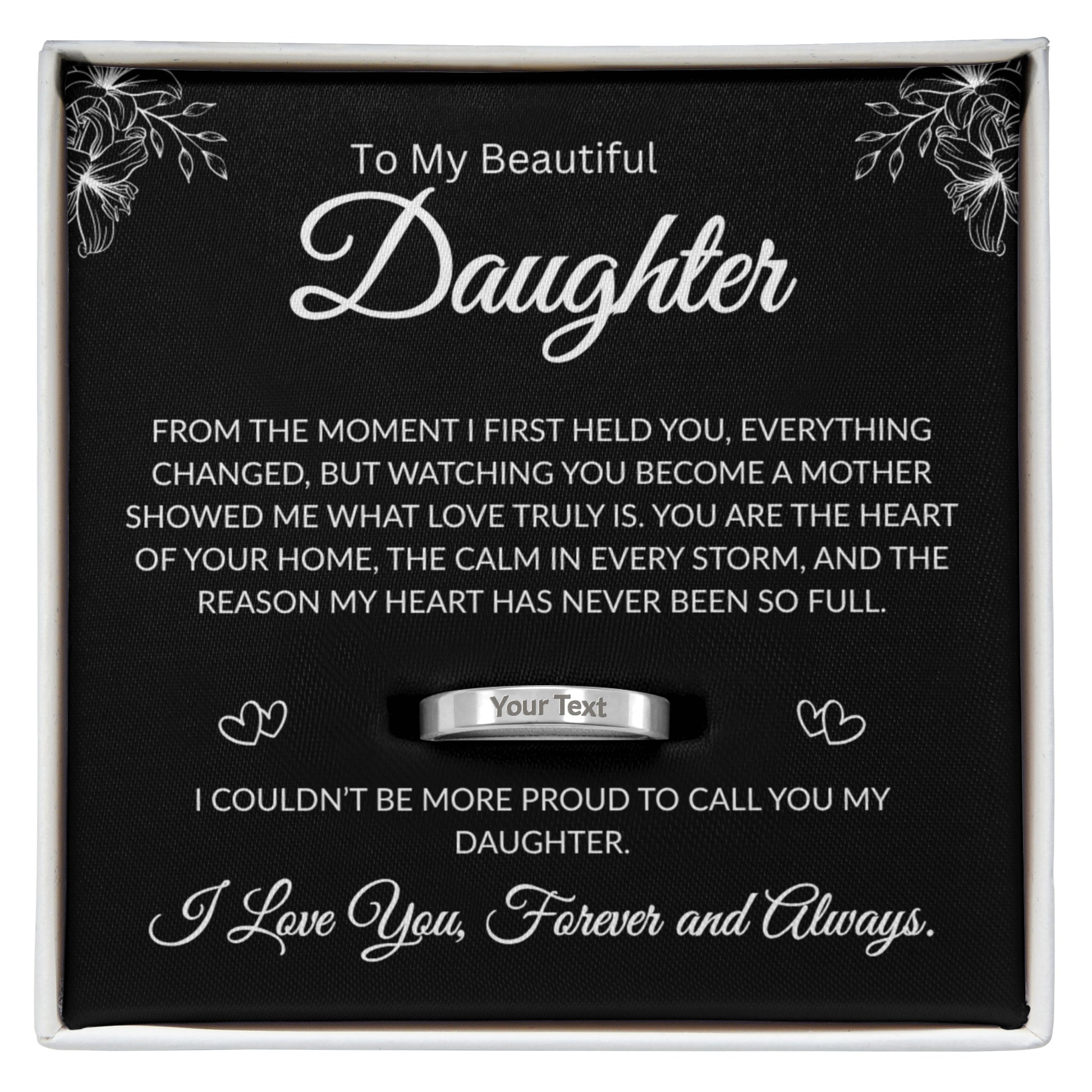 Daughter who is a mom engraved ring gift with black message card