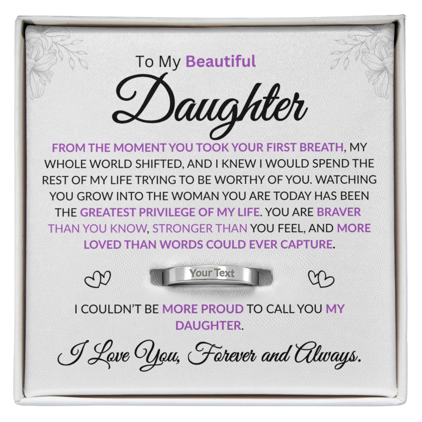 Personalized ring for daughter from dad with heartfelt message card