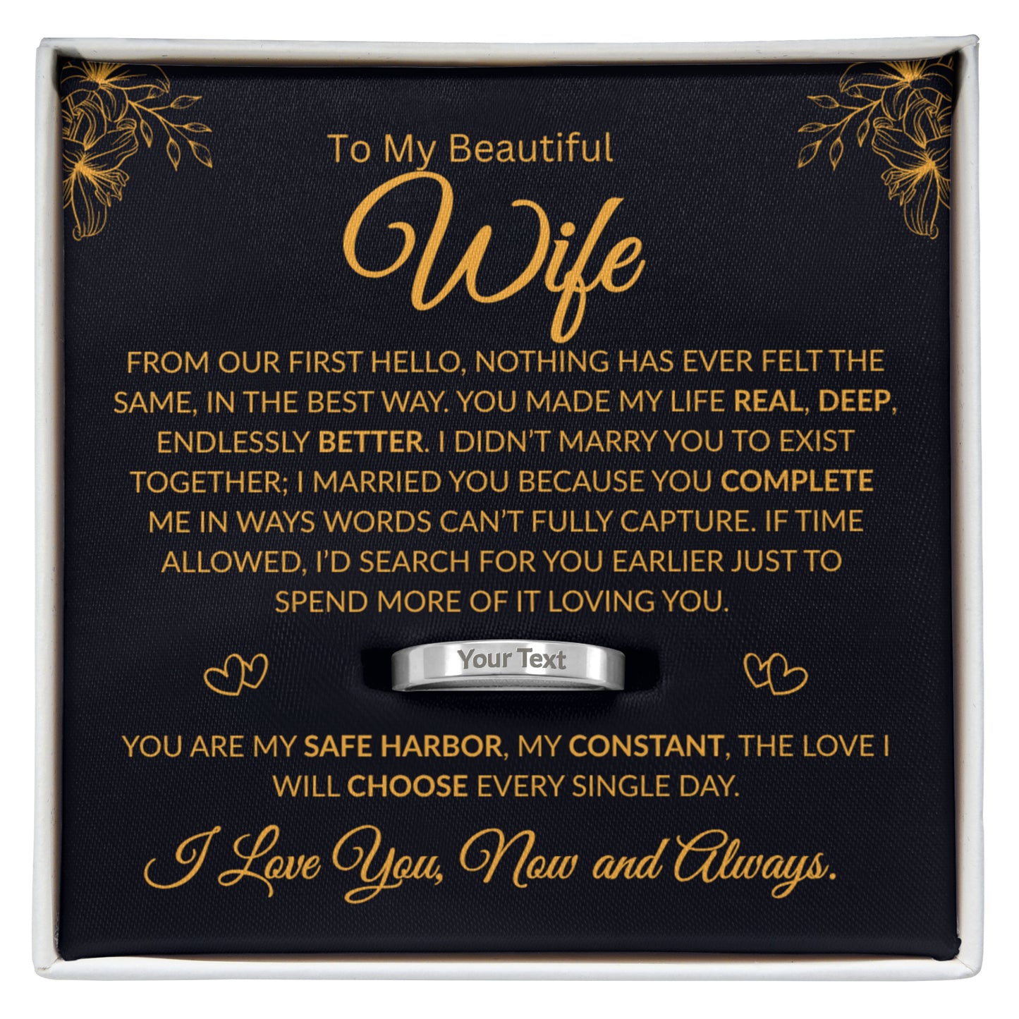 Custom engraved stainless steel ring with personalized message on band and romantic message card