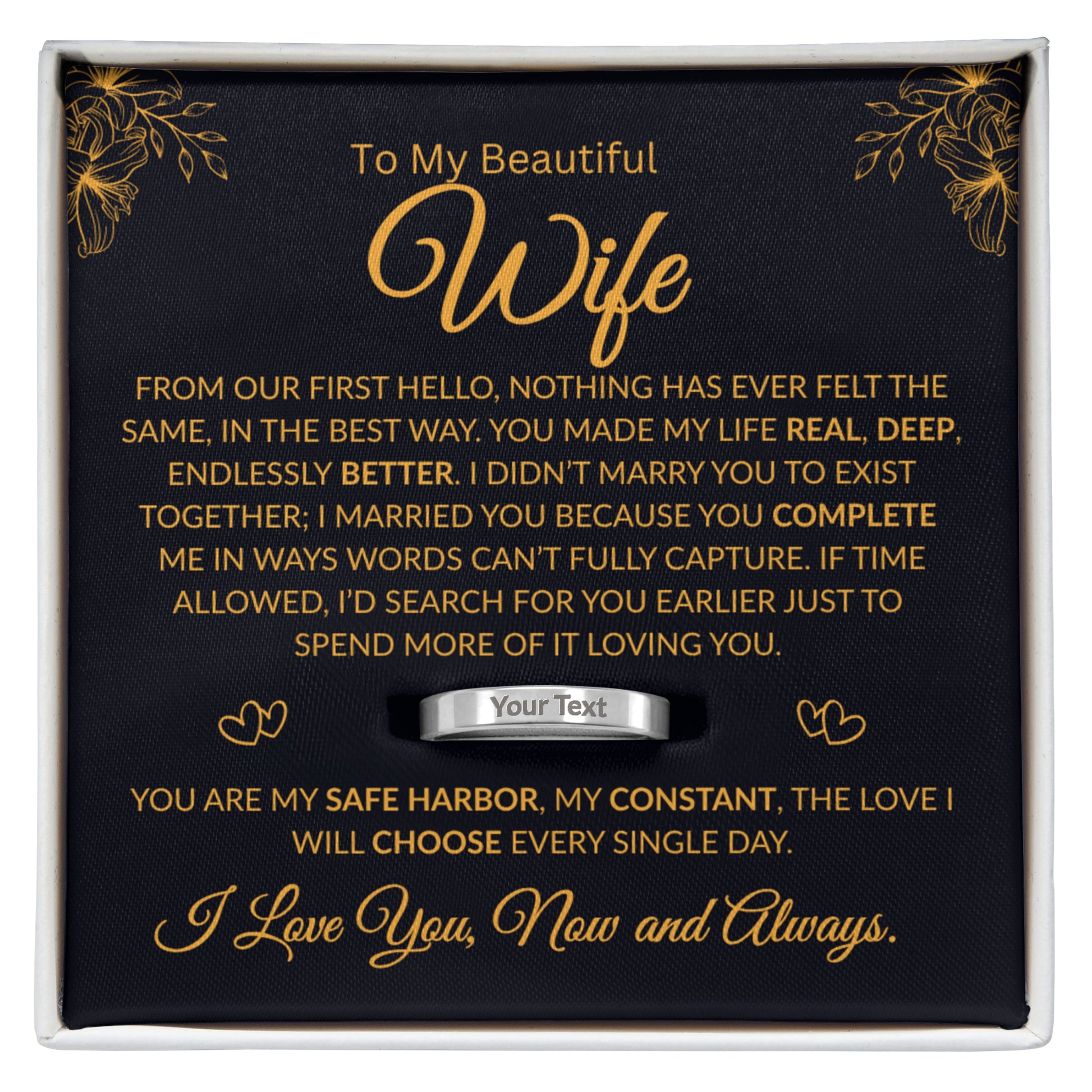 Custom engraved stainless steel ring with personalized message on band and romantic message card
