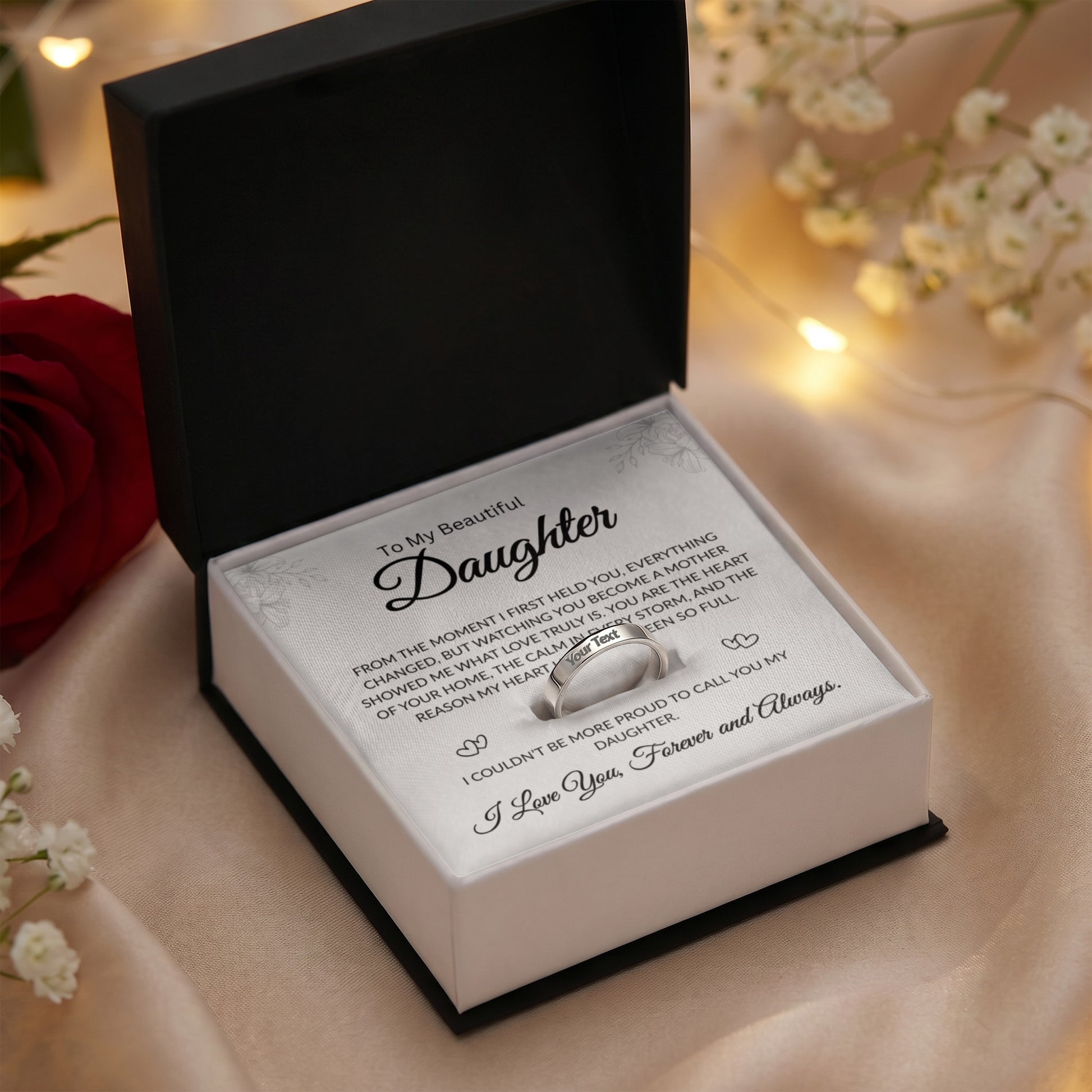 Daughter who is a mom engraved ring gift with white message card
