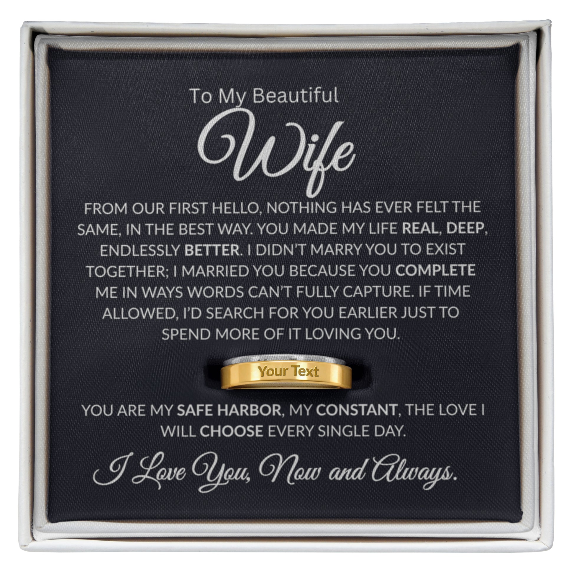 Custom gold engraved ring with personalized message on band