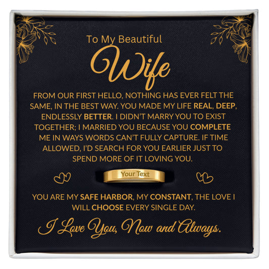 Custom engraved gold ring with personalized message on band and romantic message card