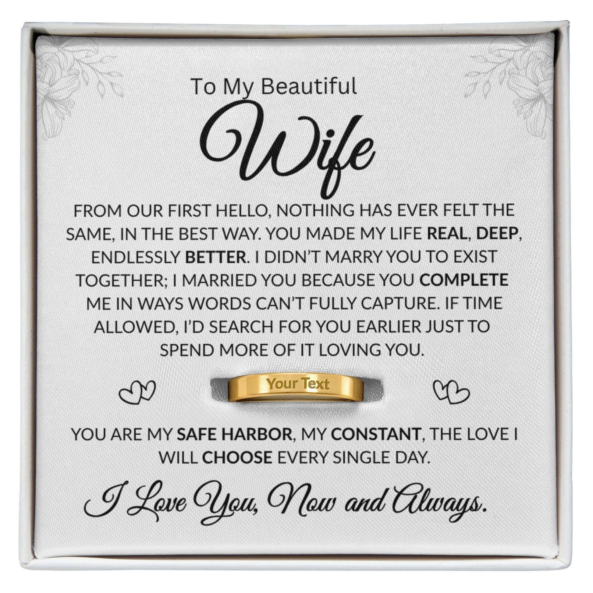 Custom engraved gold ring with personalized message on band