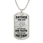 This image showcases a finely detailed dog tag necklace with the poignant message, "To Dad | Not always Eye To Eye." The necklace lies on a fist bump background of son and father, adding a touch of warmth and authenticity. This piece of jewelry acknowledges the occasional differences while celebrating the deep connection and understanding between a father and child. It serves as a thoughtful and meaningful gift, reflecting the enduring love and respect that defines their relationship