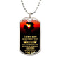 This image features a beautifully crafted dog tag necklace, prominently displaying the heartfelt message, "To My Son | Believe in Yourself." Set against a sunsetting background, the necklace exudes a sense of warmth and sincerity. This piece of jewelry is designed to inspire and uplift, reminding a son of his worth and the unwavering support from his loved ones. Perfect as a meaningful gift, it embodies both sentiment and style, making it a cherished keepsake.