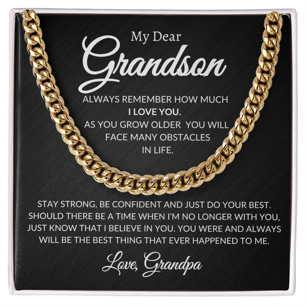 Gift-ready Cuban Link Chain for grandson presented in a soft-touch box — adjustable, durable, available in stainless steel or 14K gold finish.