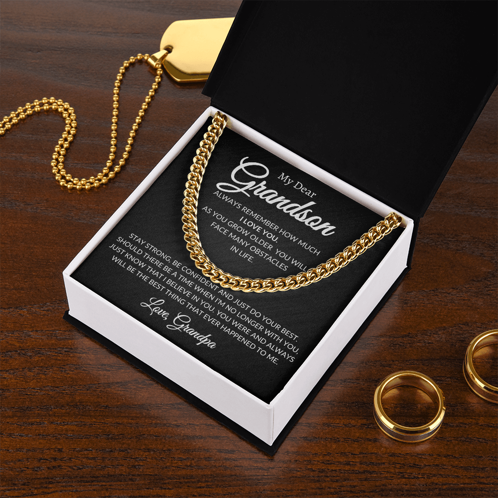 Gift-ready Cuban Link Chain for grandson presented in a soft-touch box — adjustable, durable, available in stainless steel or 14K gold finish.