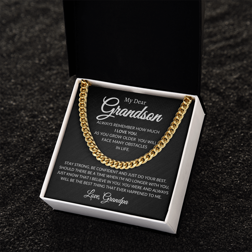 Cuban Link Chain for Grandson — adjustable, well-weighted chain in polished stainless steel or 14K yellow gold finish; durable everyday wear and an ideal birthday, graduation, or holiday gift.