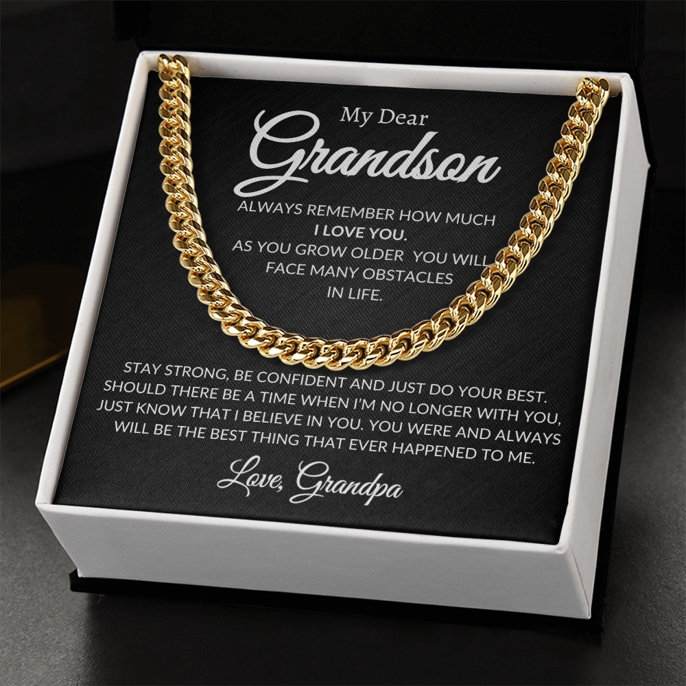 Cuban Link Chain for Grandson — adjustable, well-weighted chain in polished stainless steel or 14K yellow gold finish; durable everyday wear and an ideal birthday, graduation, or holiday gift.