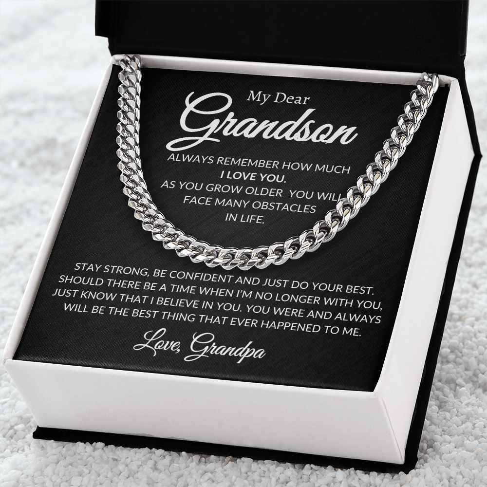 Cuban Link Chain for Grandson, adjustable length, weighted design; available in polished stainless steel or 14K yellow gold finish.