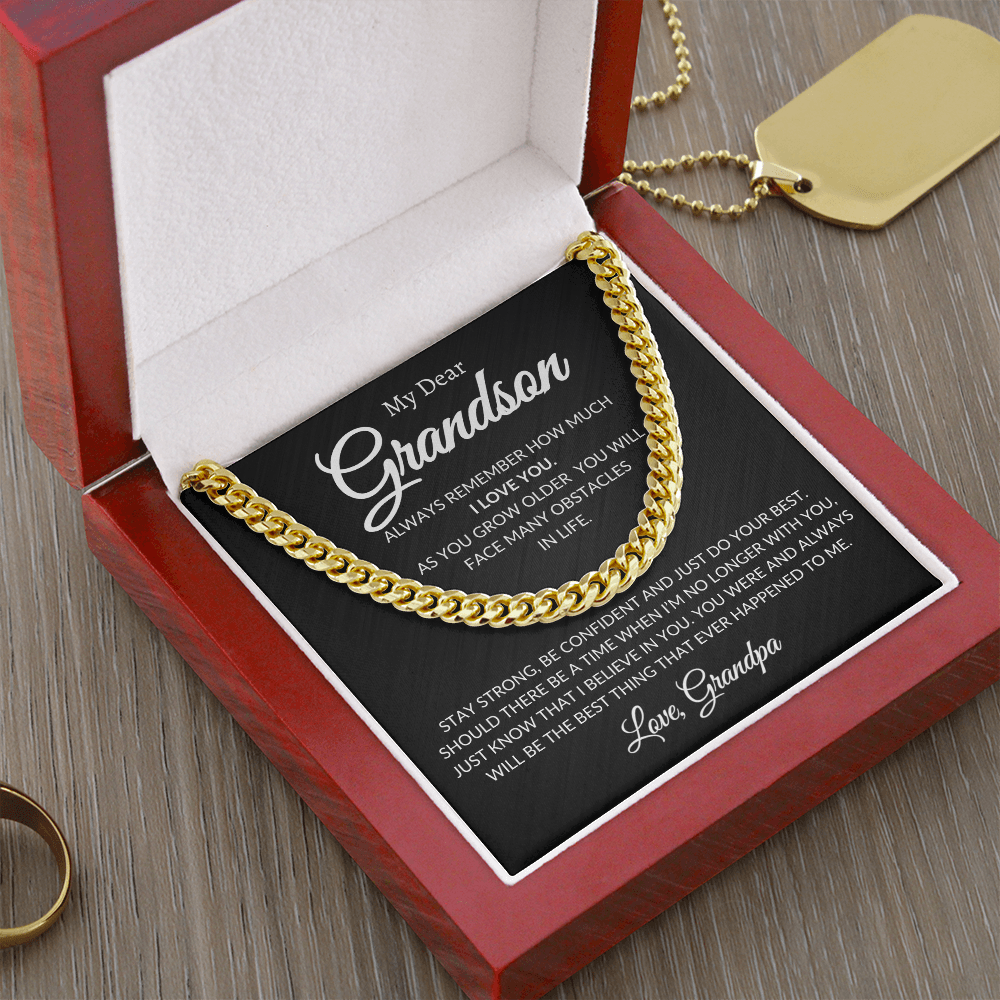 Cuban Link Chain for Grandson, adjustable length, weighted design; available in polished stainless steel or 14K yellow gold finish.