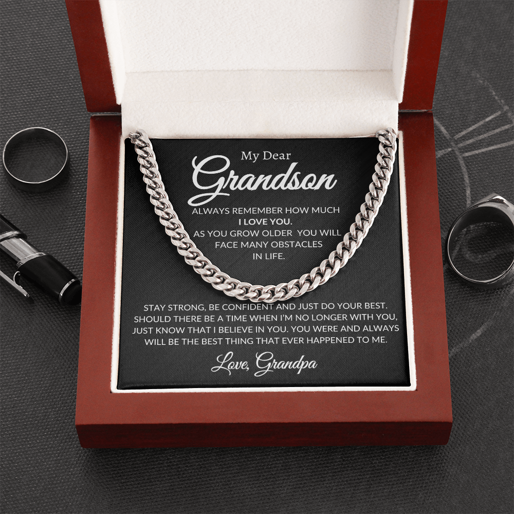 Cuban Link Chain for Grandson, adjustable length, weighted design; available in polished stainless steel or 14K yellow gold finish.