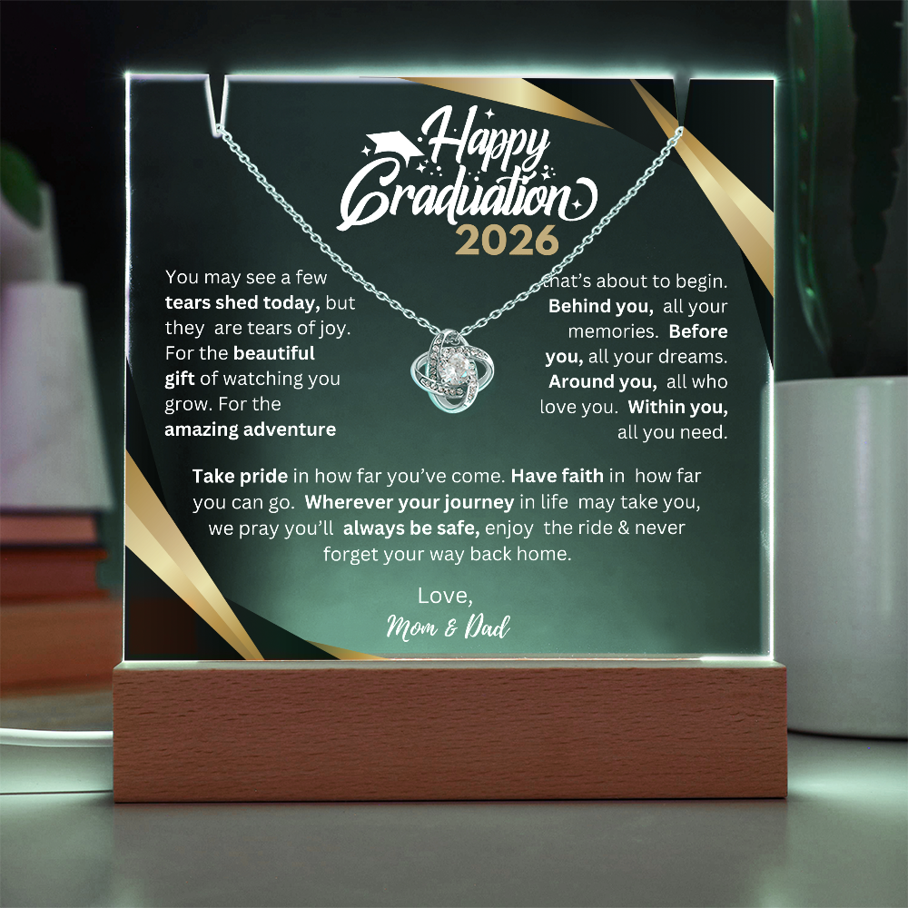 Happy Graduation 2026 | Before You All You Need | Love Knot Necklace Plaque (WHT TXT)