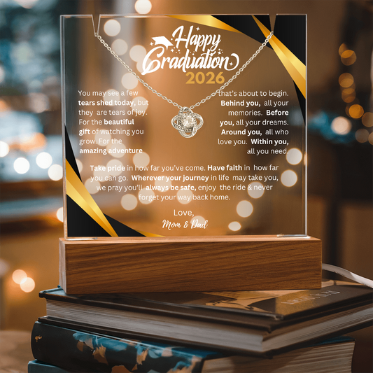 Graduation Keepsake Bundle — 7" acrylic plaque with graduate photo and Love Knot Necklace on wooden LED base.