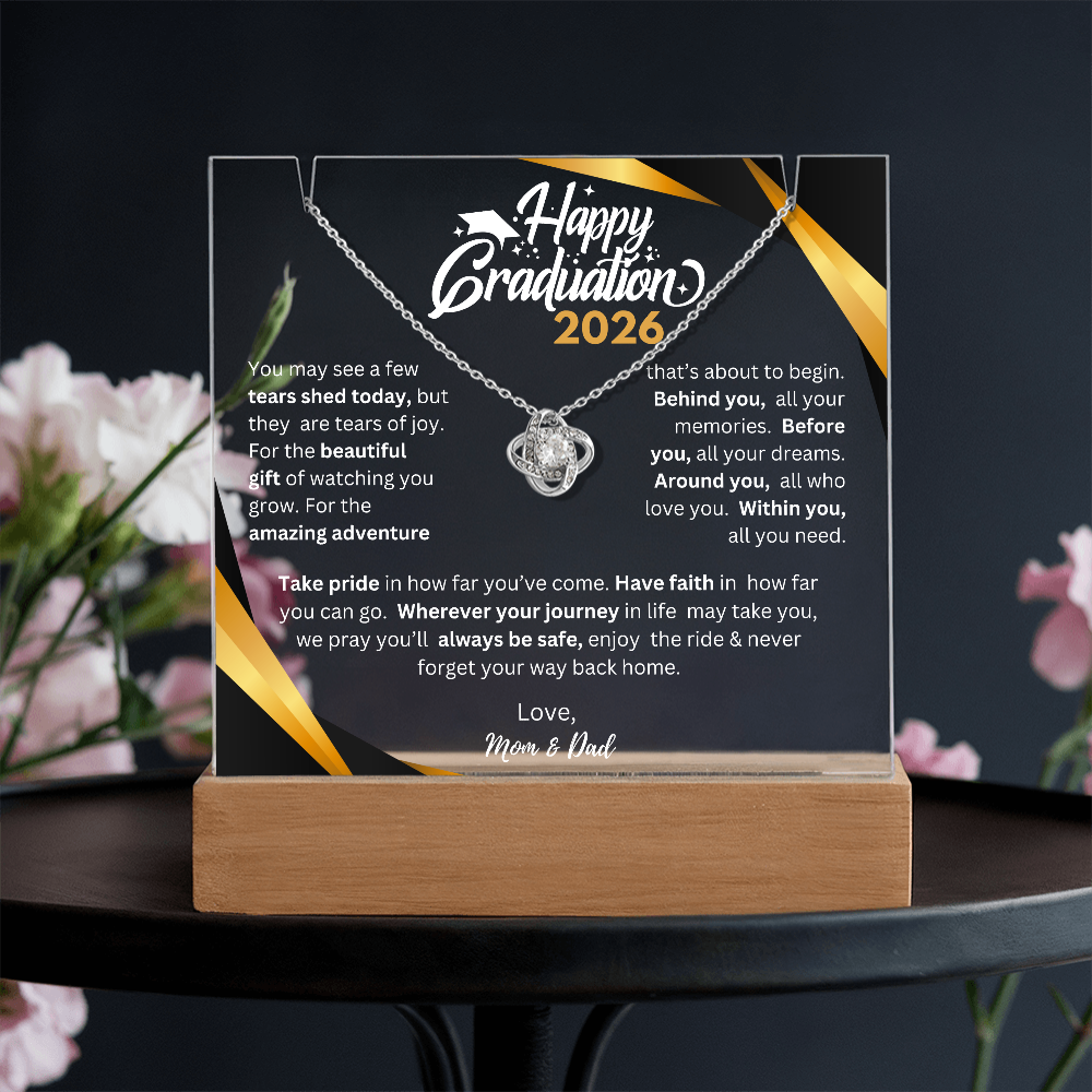 7" × 5.9" printed square acrylic plaque on wooden LED base (USB or battery) with Love Knot Necklace; custom photo, name/year, adjustable chain.