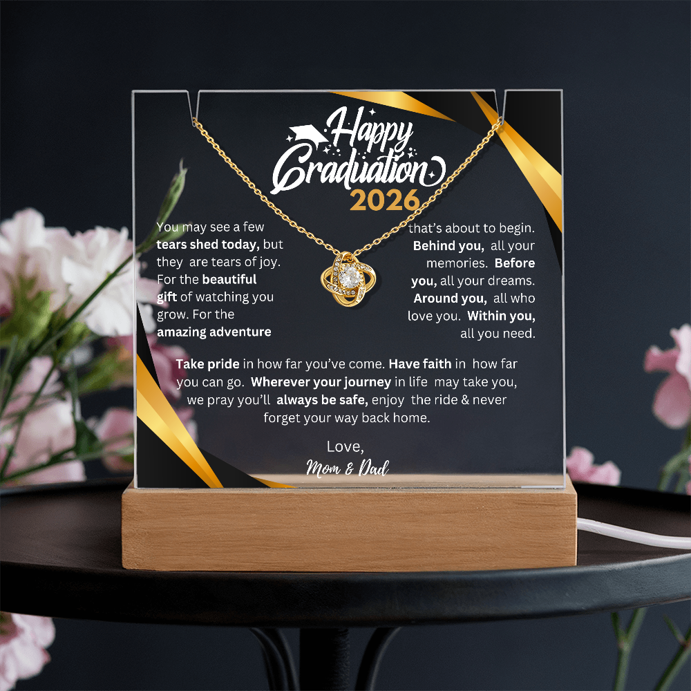 7" × 5.9" printed square acrylic plaque on wooden LED base (USB or battery) with Love Knot Necklace; custom photo, name/year, adjustable chain.