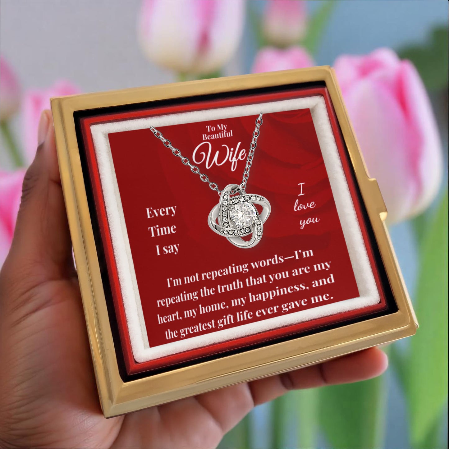 To My Beautiful Wife | Love knot Necklace | Rotating Rose Gift Box