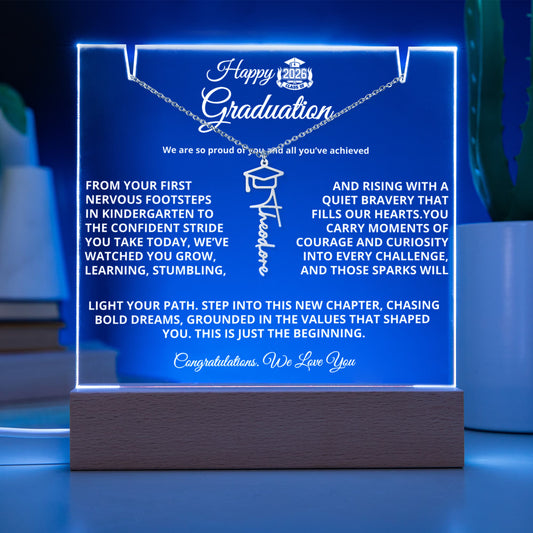 Keepsake Graduation Bundle — 7" square acrylic plaque with photo and personalized name necklace on wooden LED base.