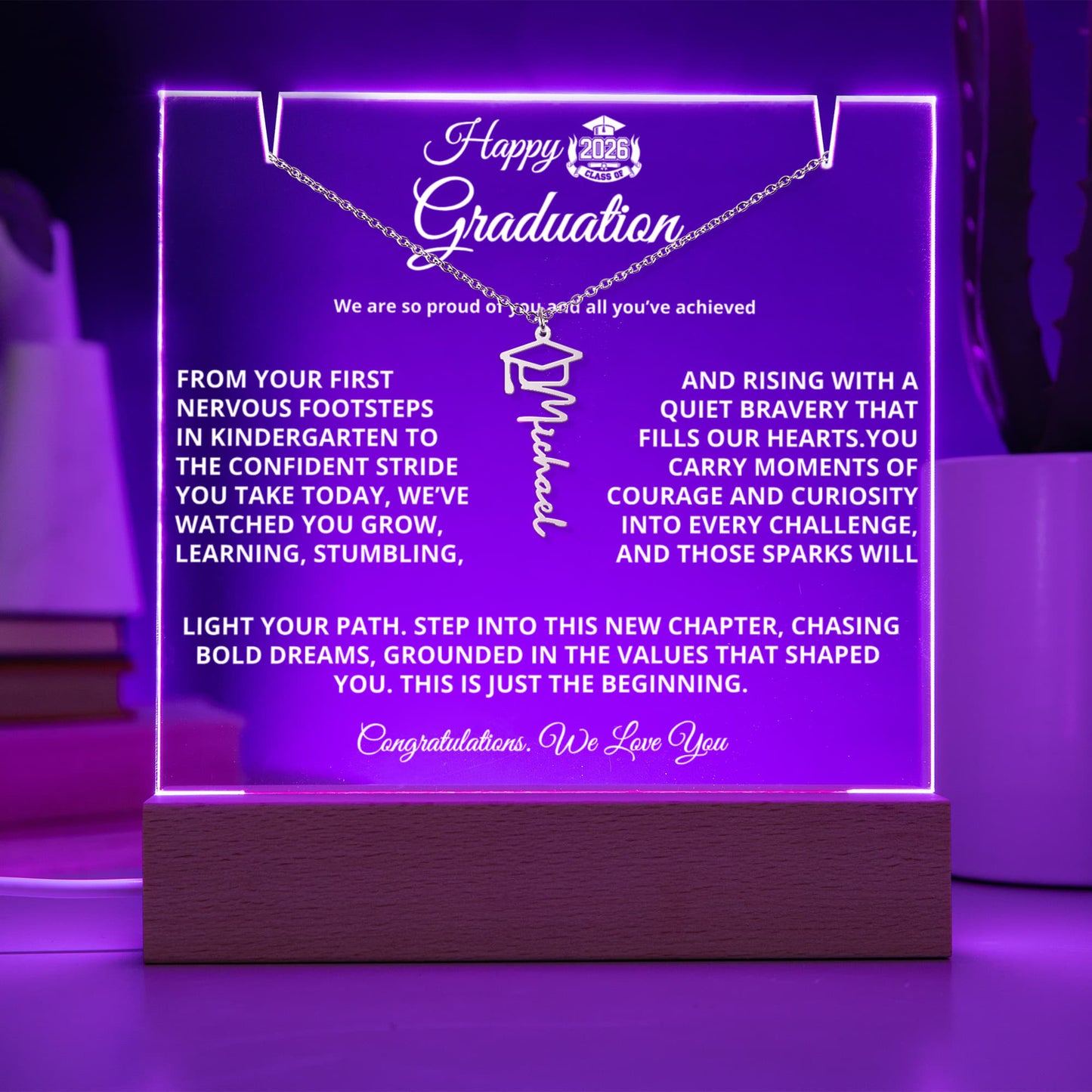 Personalized Graduation Keepsake Bundle — 7" printed acrylic plaque with wooden LED base and Graduation Cap Name Necklace (custom name, up to 11 characters).