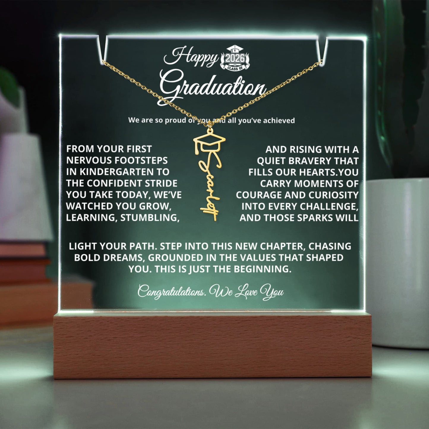 Gift-ready graduation bundle: personalized acrylic plaque and custom name necklace presented in a soft-touch gift box — ideal for daughter, niece, or granddaughter.