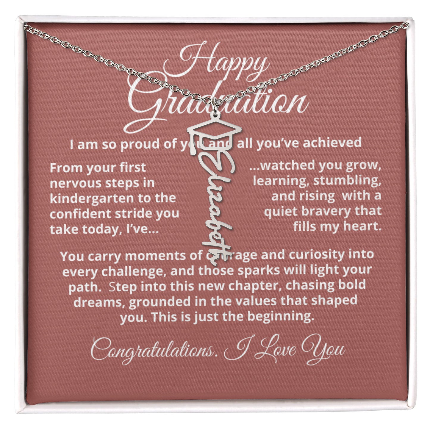 Graduation Cap Name Necklace — custom name pendant with graduation cap charm, adjustable 18 to 20 inch chain.