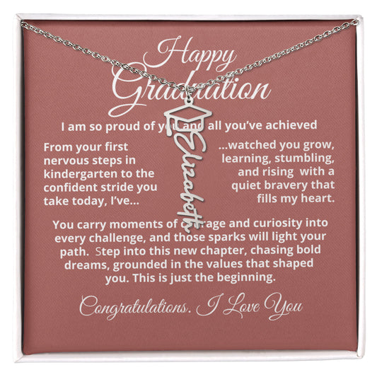 Graduation Cap Name Necklace — custom name pendant with graduation cap charm, adjustable 18 to 20 inch chain.