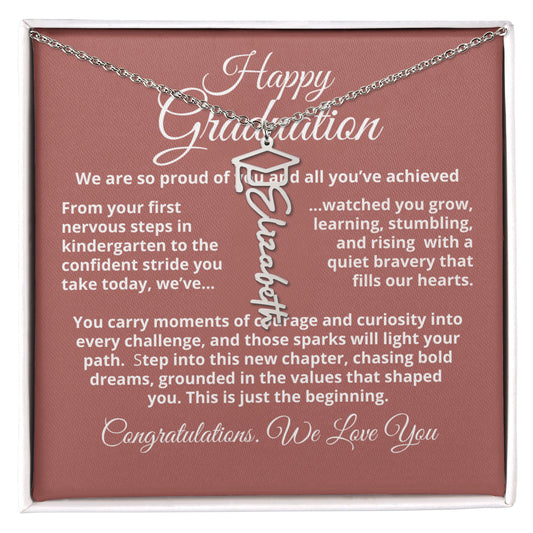 Graduation Cap Name Necklace — custom name pendant with graduation cap charm, adjustable 18 to 20 inch chain.